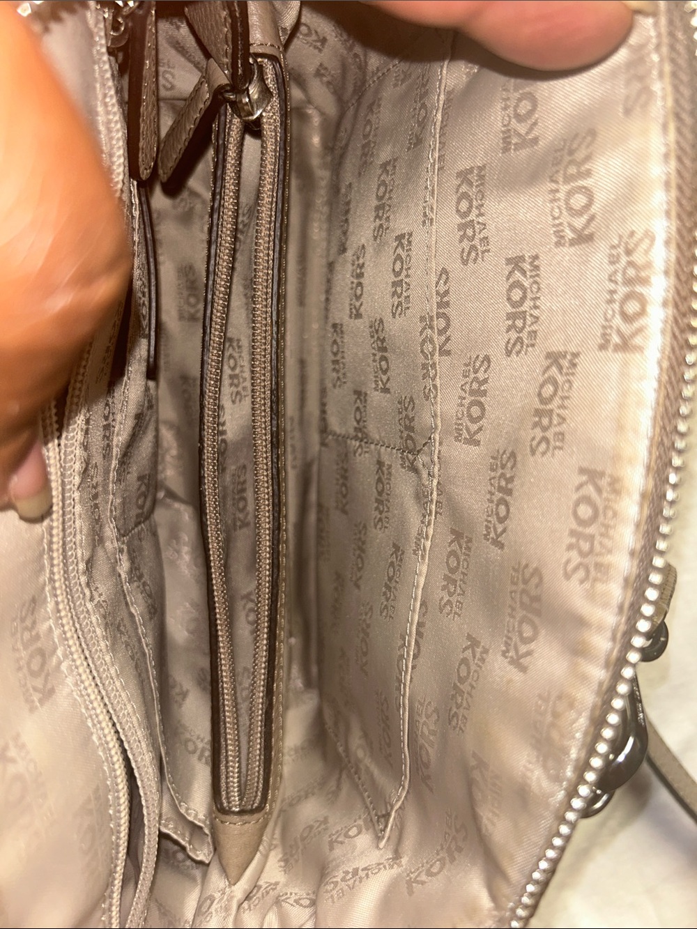 Michael Kors Brown & Beige Geometric Leather Satchel with MK Charm; 20-26” strap - Picture 7 of 15